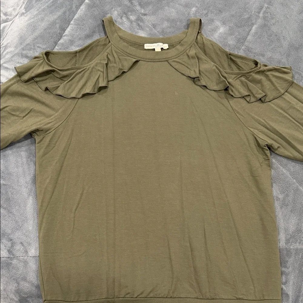 Express Olive Green Ruffle Cold Shoulder Blouse - Picture 4 of 6